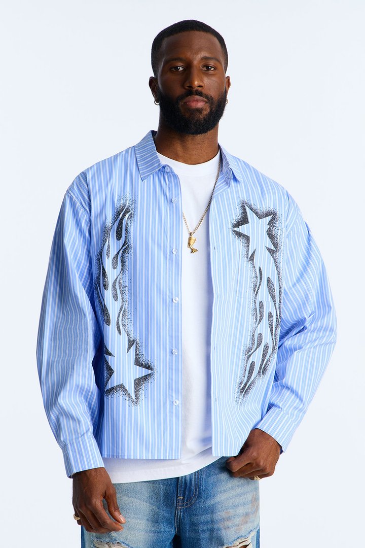 Oversized Pin Stripe Star Button Up Shirt - Light Blue