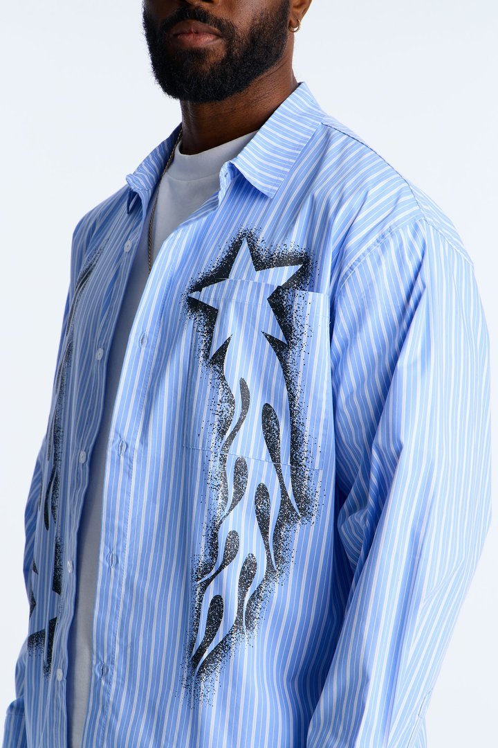 Oversized Pin Stripe Star Button Up Shirt - Light Blue