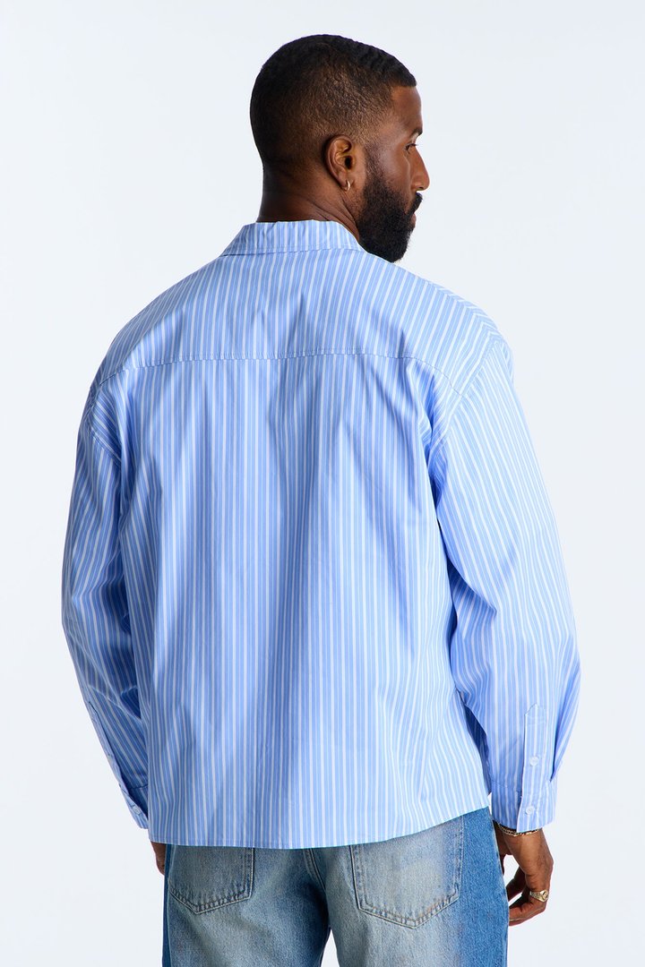 Oversized Pin Stripe Star Button Up Shirt - Light Blue