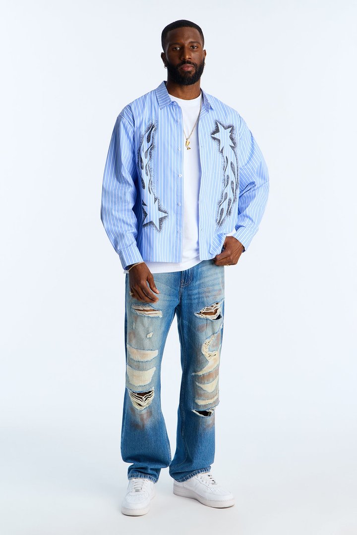 Relaxed Straight Rogue Rip And Repair Jean - Vintage Blue Wash