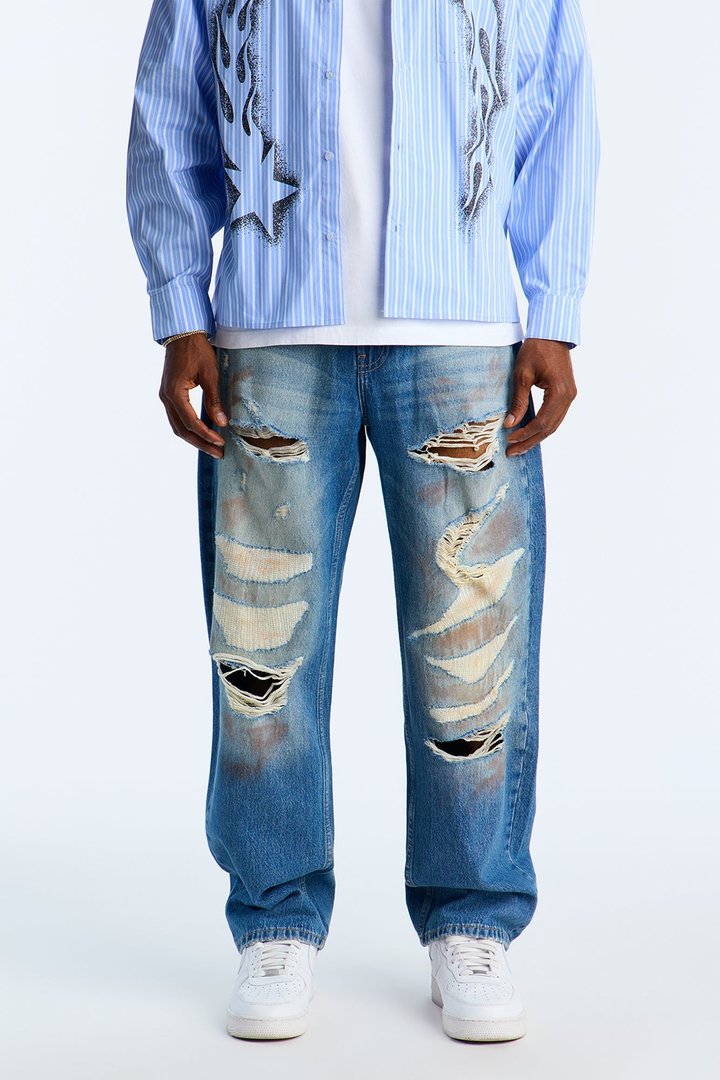 Relaxed Straight Rogue Rip And Repair Jean - Vintage Blue Wash