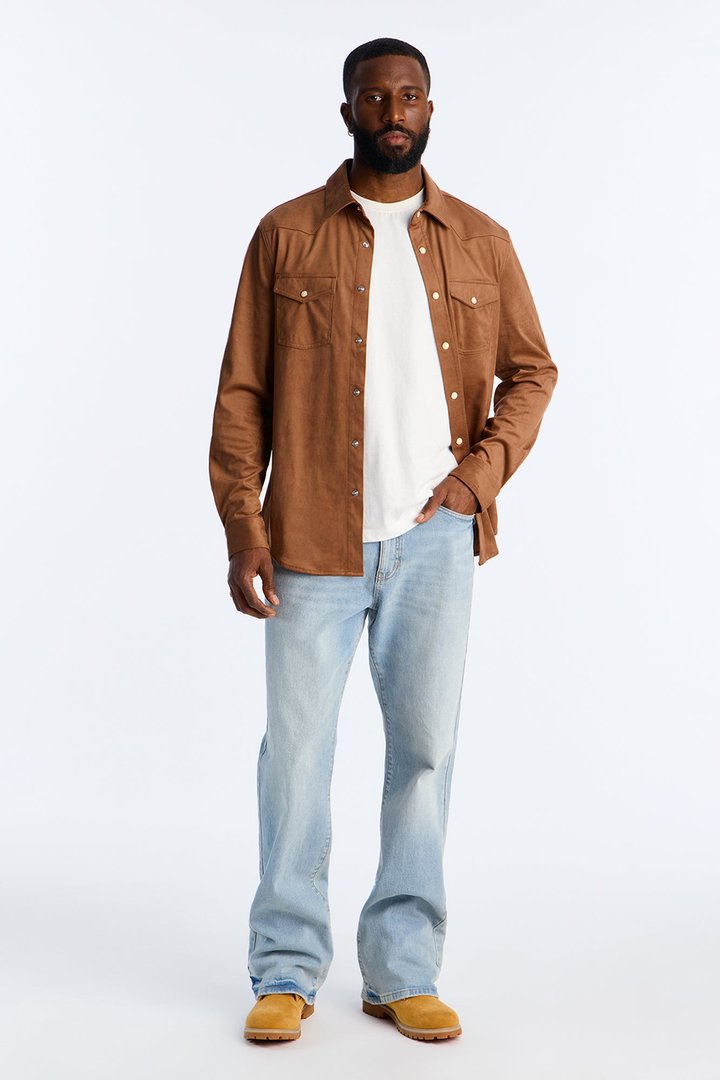 Reign Faux Suede Button Up Shirt - Brown