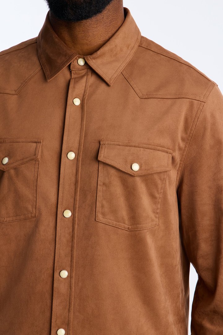 Reign Faux Suede Button Up Shirt - Brown
