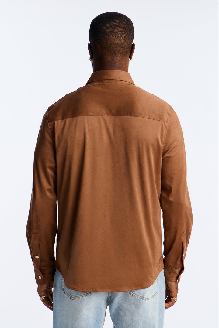 Reign Faux Suede Button Up Shirt - Brown