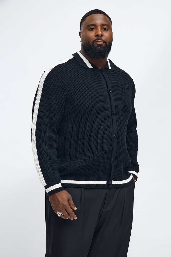 Chunky Striped Knit Cardigan - Black