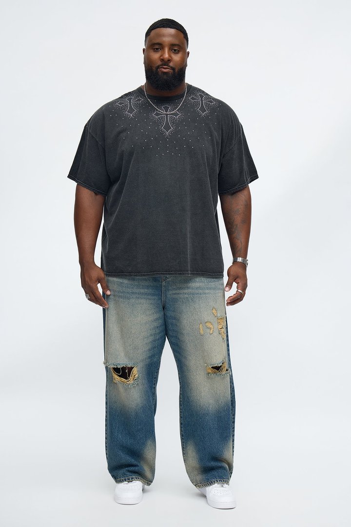 Cross Rhinestones Oversized Short Sleeve Tee - Black