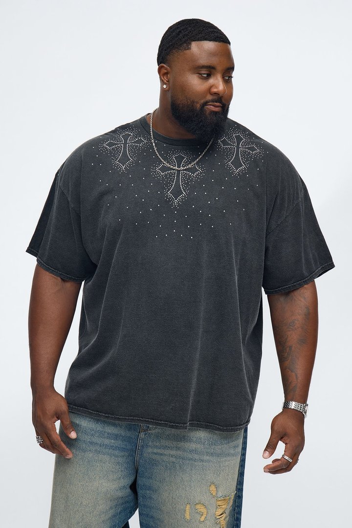 Cross Rhinestones Oversized Short Sleeve Tee - Black