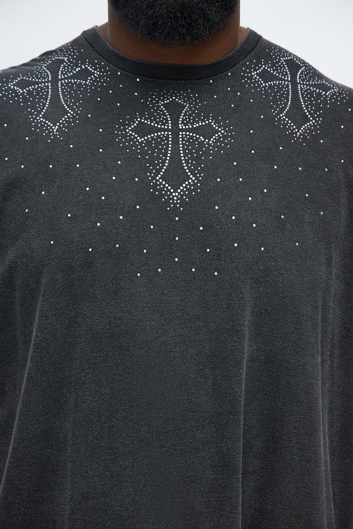 Cross Rhinestones Oversized Short Sleeve Tee - Black