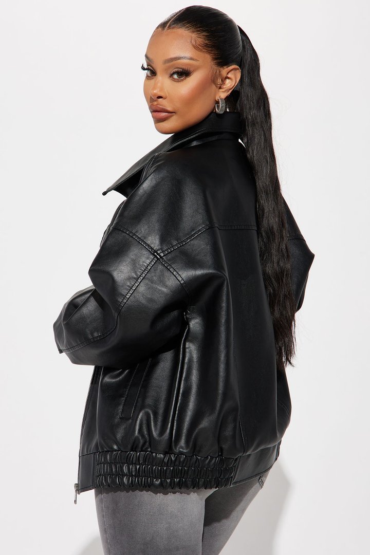 Hustle Mode Oversized Faux Leather Jacket - Black