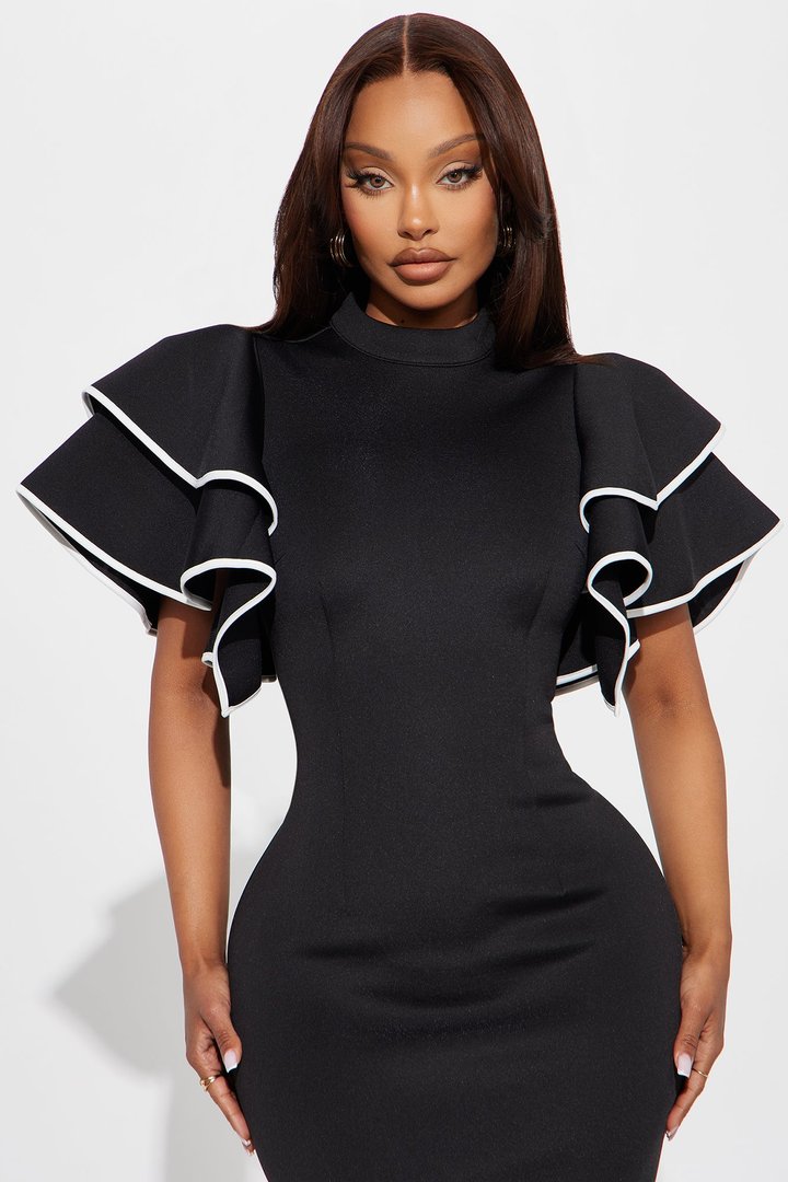 Anna Maria Ruffle Midi Dress - Black