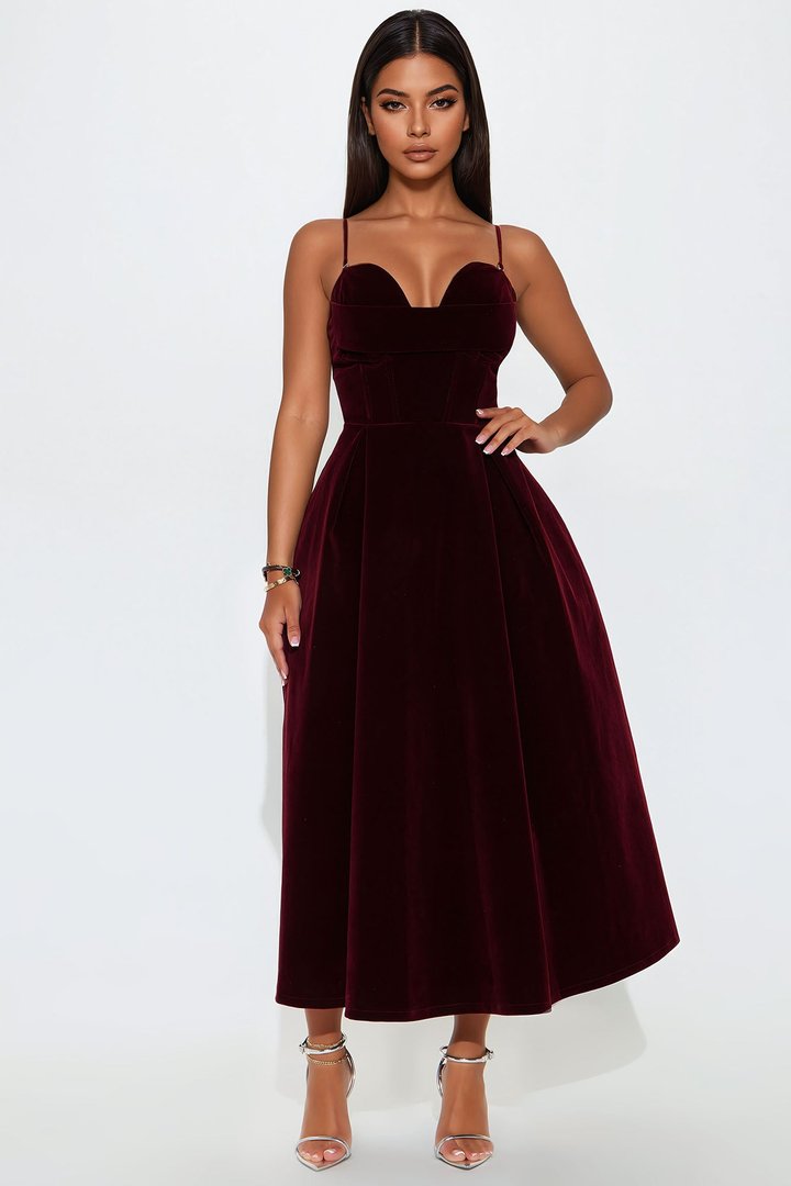 Head Over Heels Velvet Midi Dress - Wine