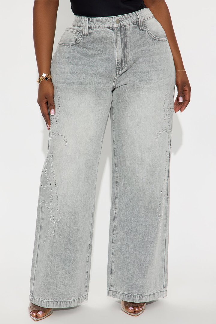 Moonchild Studded Embellishment Wide Leg Jeans - Grey