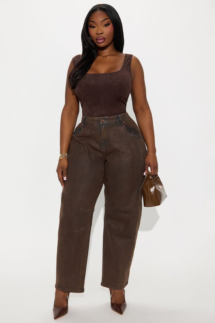 Cali Coated Barrel Leg Jeans - Brown