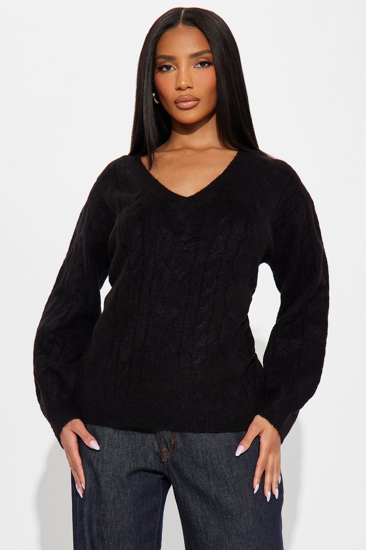 Fireside V Neck Cable Knit Sweater - Black