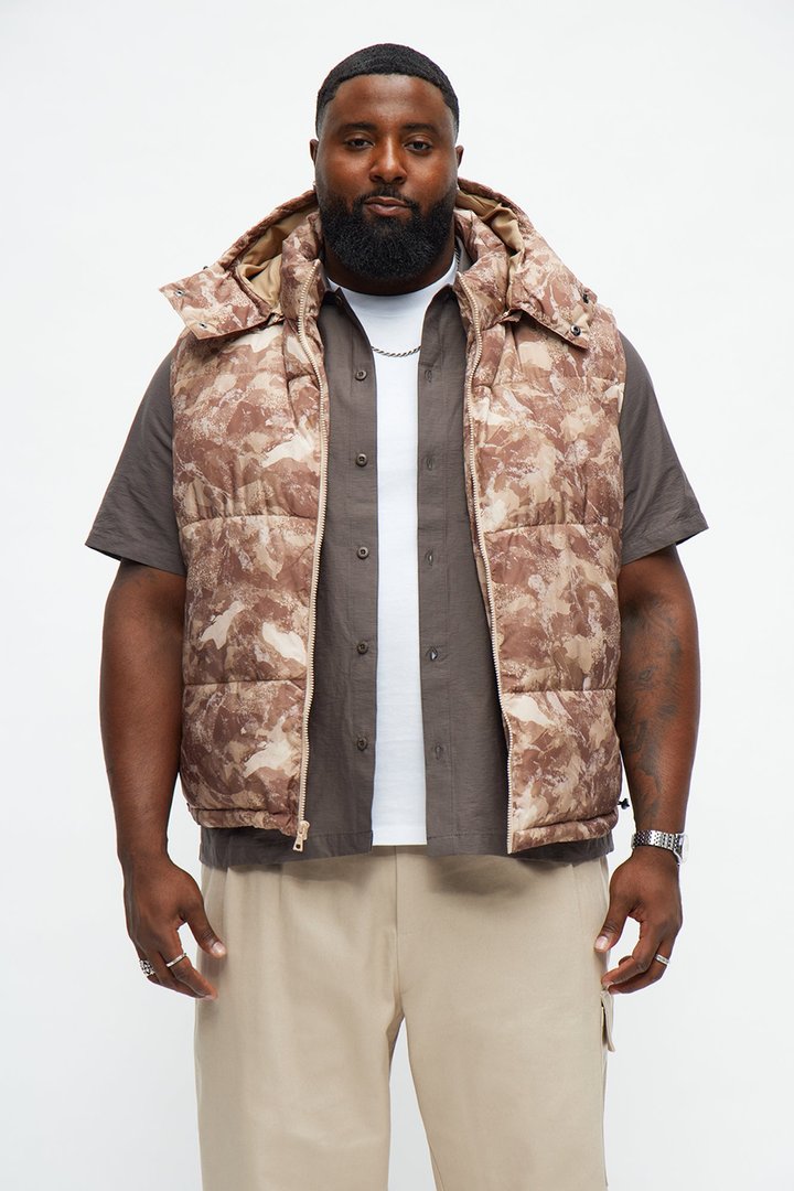 Hooded Into The Trenches Puffer Vest - Brown