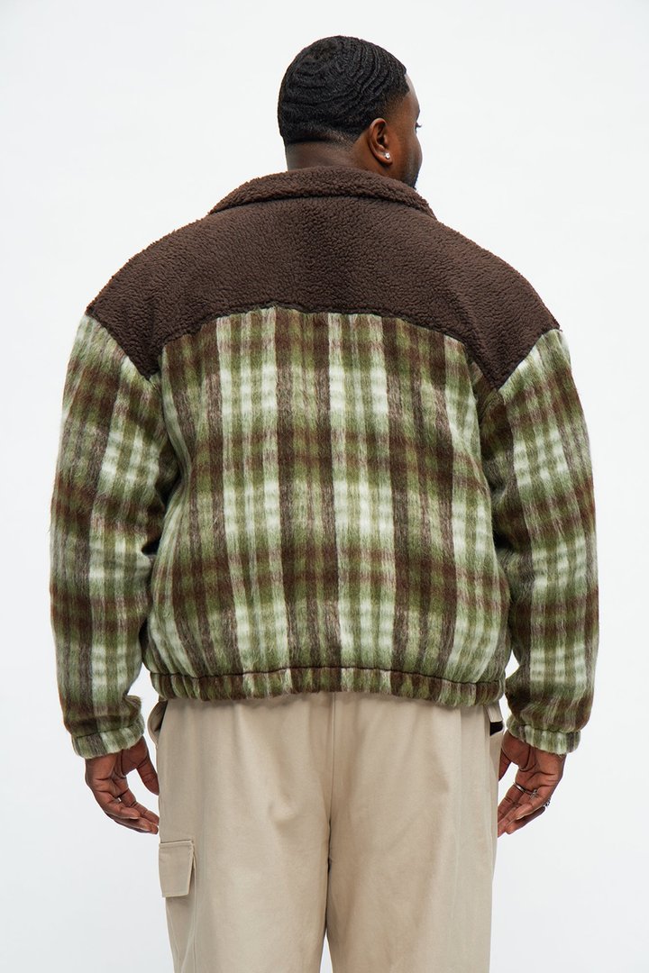 Relaxed Sherpa Plaid Mix Zip Jacket - Brown/combo