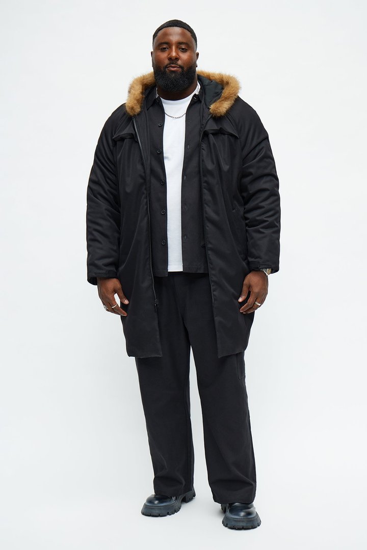 Padded Hooded Faux Trim Iced Out Parka - Black