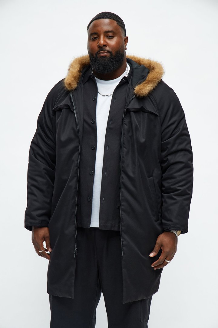Padded Hooded Faux Trim Iced Out Parka - Black