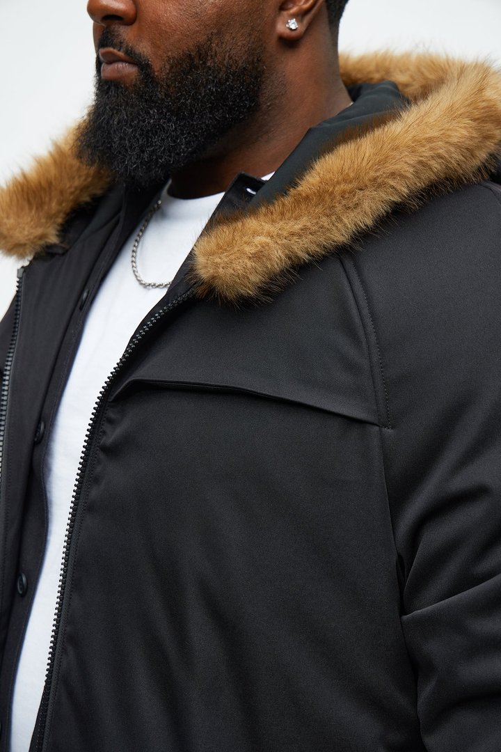 Padded Hooded Faux Trim Iced Out Parka - Black