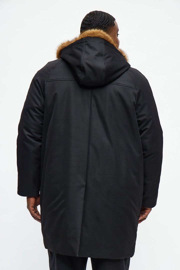 Padded Hooded Faux Trim Iced Out Parka - Black
