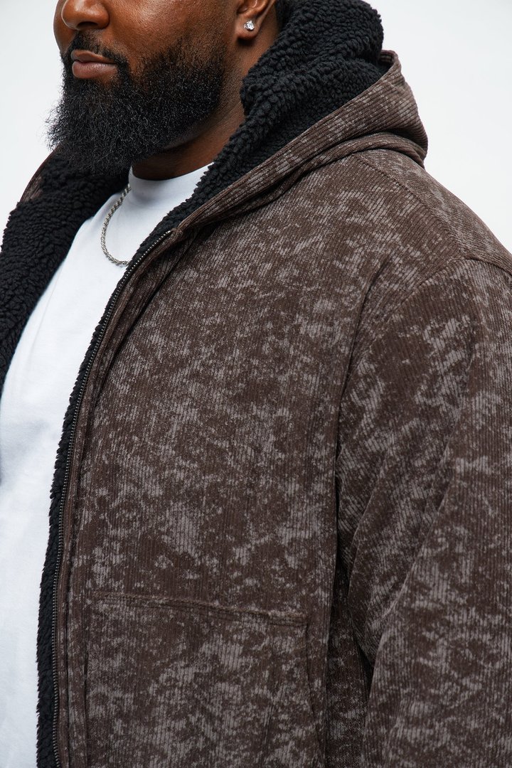 Oversized Corduroy Hooded Bomber Jacket - Brown