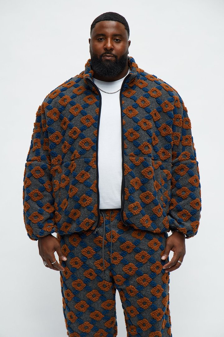 Oversized Floral Sherpa Zip Jacket - Grey