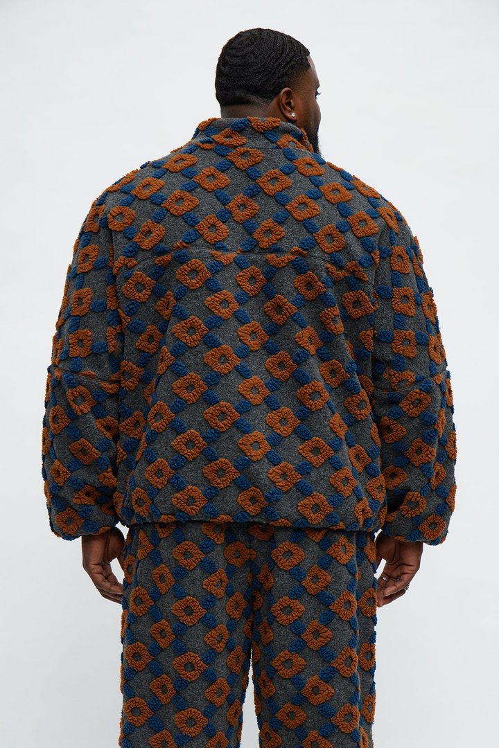 Oversized Floral Sherpa Zip Jacket - Grey