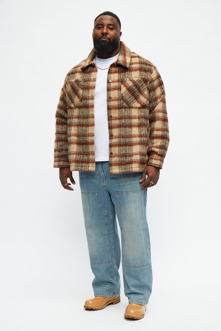 Relaxed Mohair Plaid Shacket - Brown
