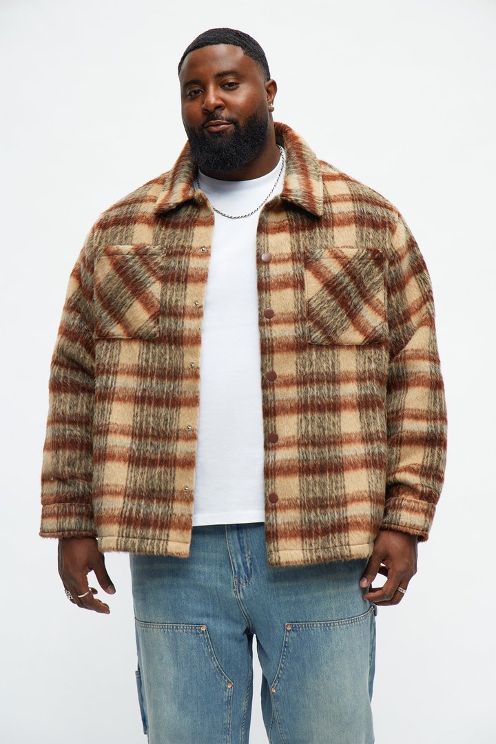 Relaxed Mohair Plaid Shacket - Brown