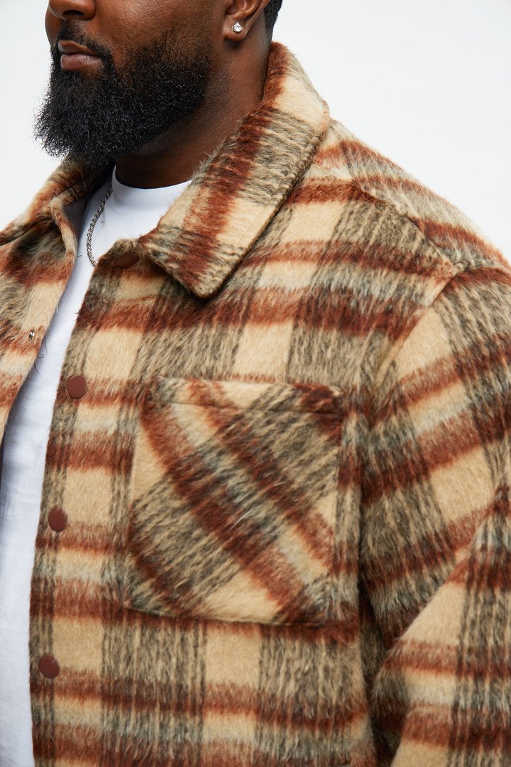 Relaxed Mohair Plaid Shacket - Brown
