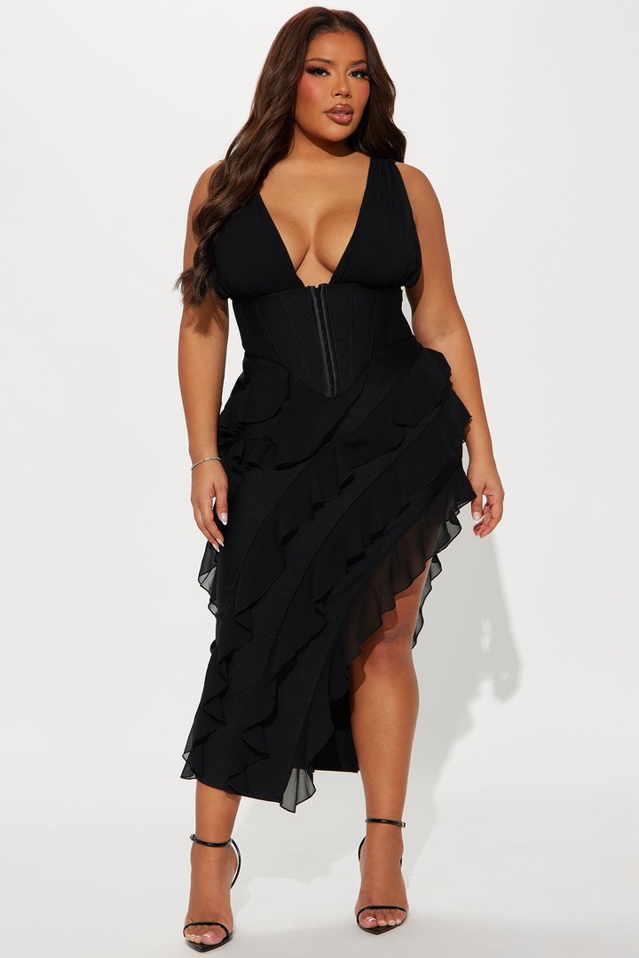 Jocelyn Bandage Ruffle Midi Dress - Black