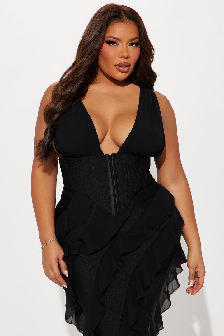 Jocelyn Bandage Ruffle Midi Dress - Black