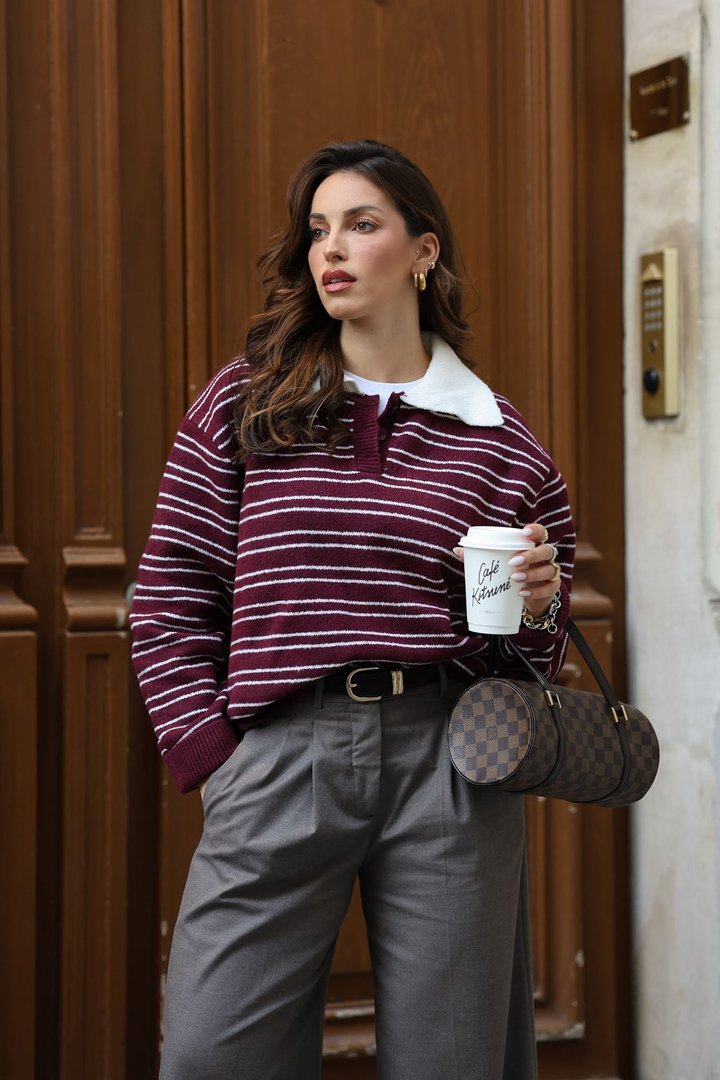 Just A Stripe Girl Sweater - Burgundy/combo