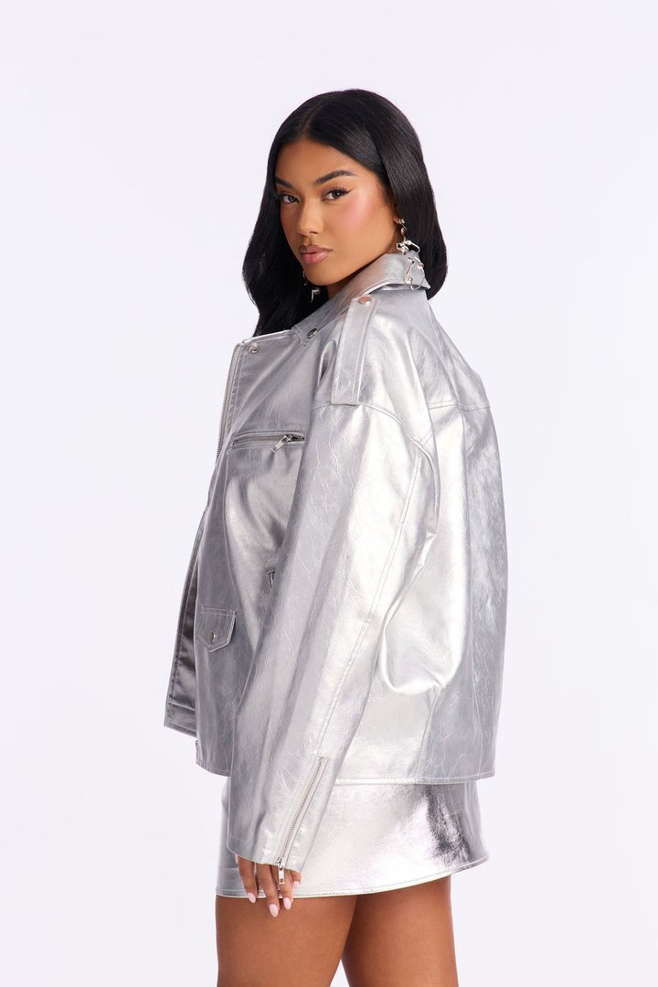 Higher Frequency Faux Leather Moto Jacket - Silver