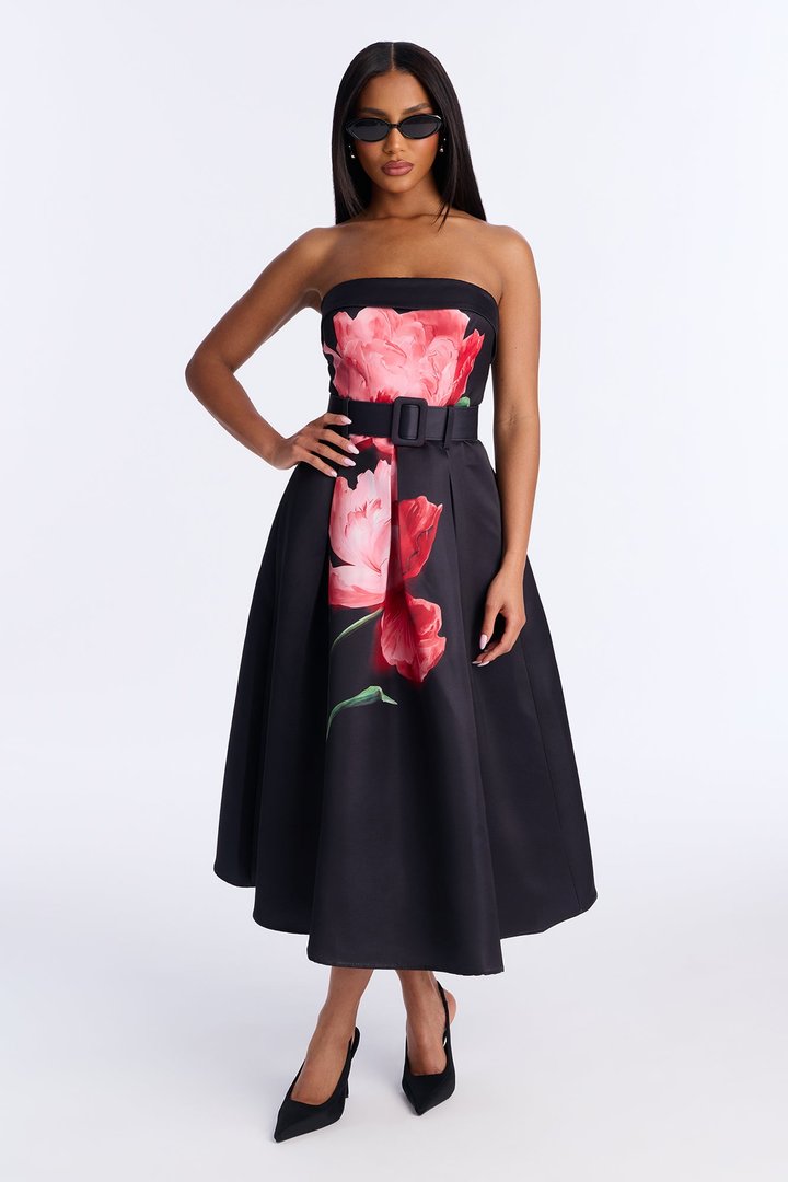 Dixie Strapless Floral Satin Midi Dress - Black