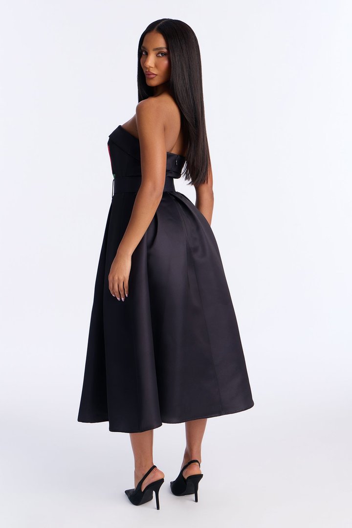 Dixie Strapless Floral Satin Midi Dress - Black