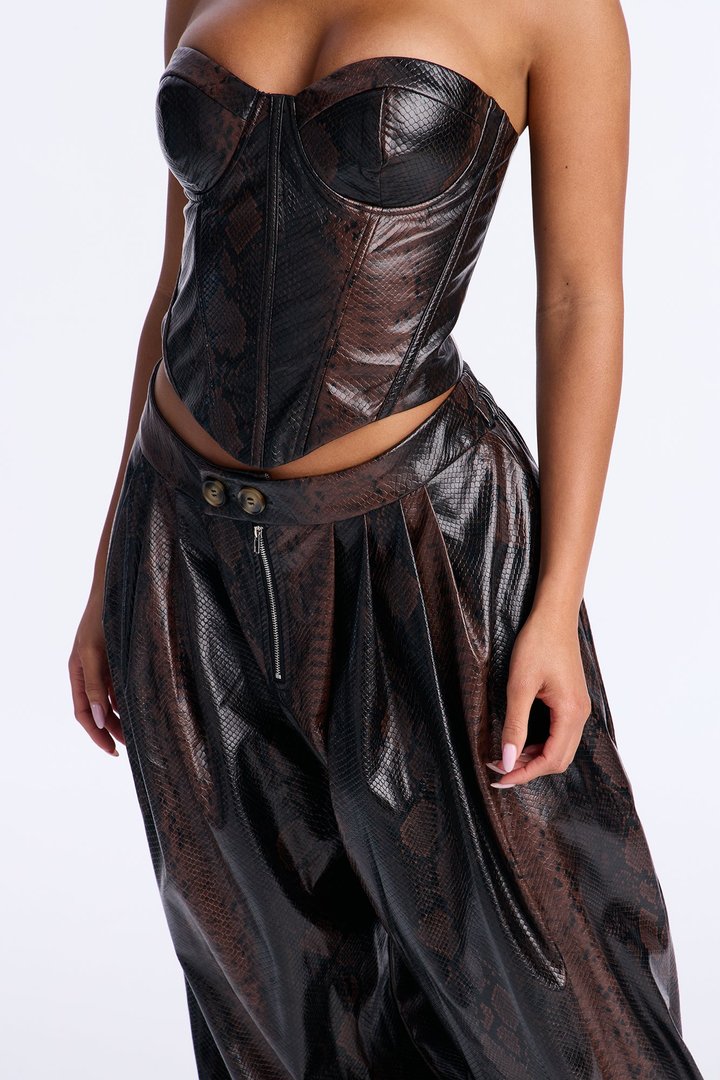 Gone Wild Snake Print Corset Jogger Set - Brown Combo