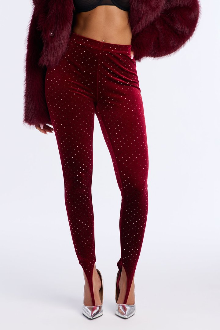 Seasonal Essence Embellished Velvet Stirrup Legging - Burgundy