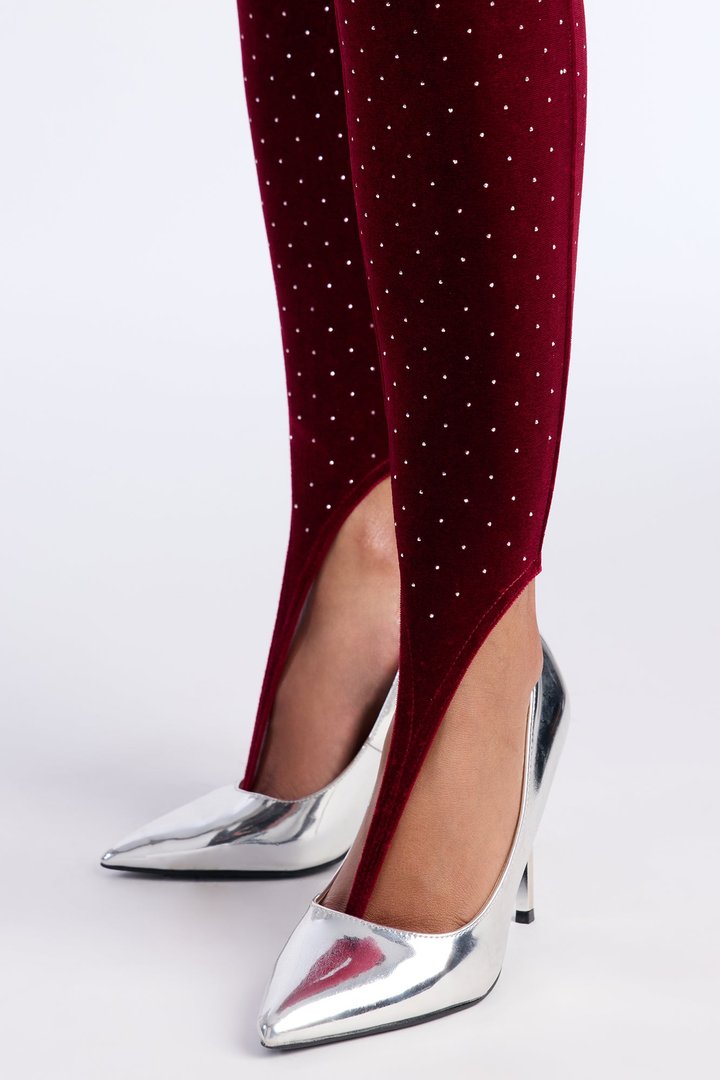 Seasonal Essence Embellished Velvet Stirrup Legging - Burgundy