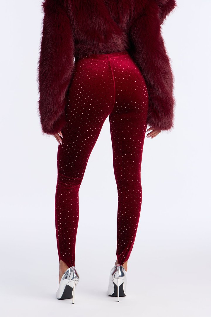 Seasonal Essence Embellished Velvet Stirrup Legging - Burgundy