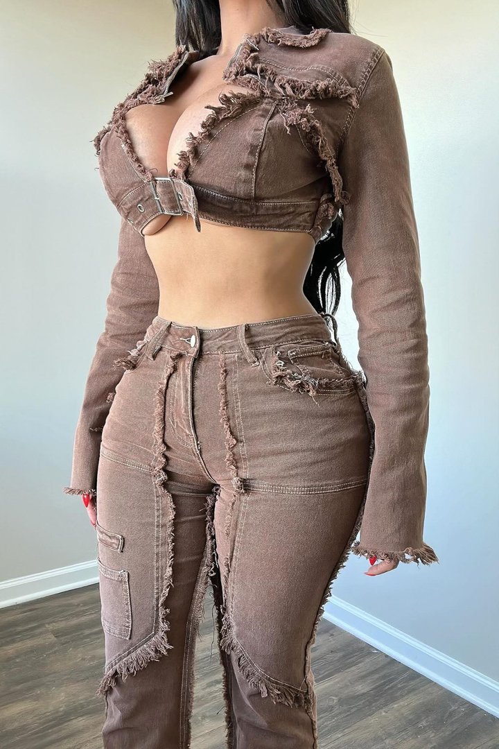 On Replay Frayed Denim Bolero Jacket - Brown