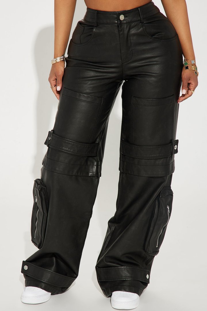 Street Heat Washed Faux Leather Cargo Pant - Black
