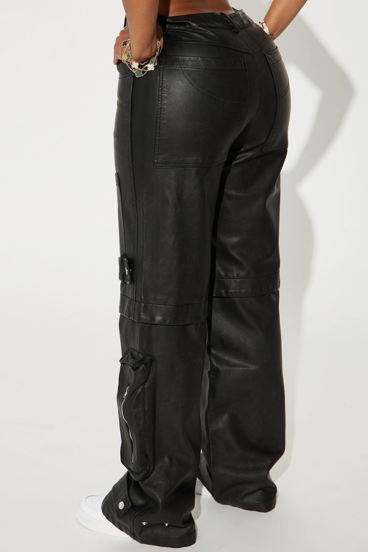 Street Heat Washed Faux Leather Cargo Pant - Black