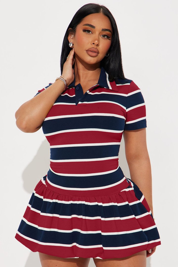 Hayes Striped Bubble Micro Mini Dress - Navy/Red
