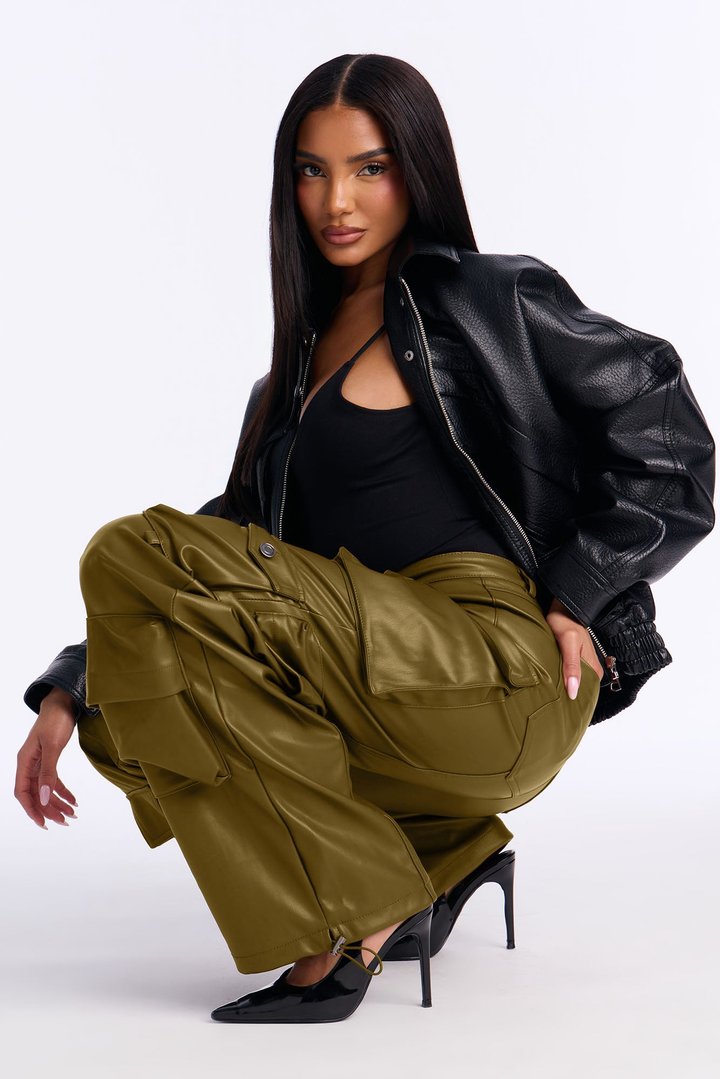 Something About You Faux Leather Cargo Pant 32 - Military Green