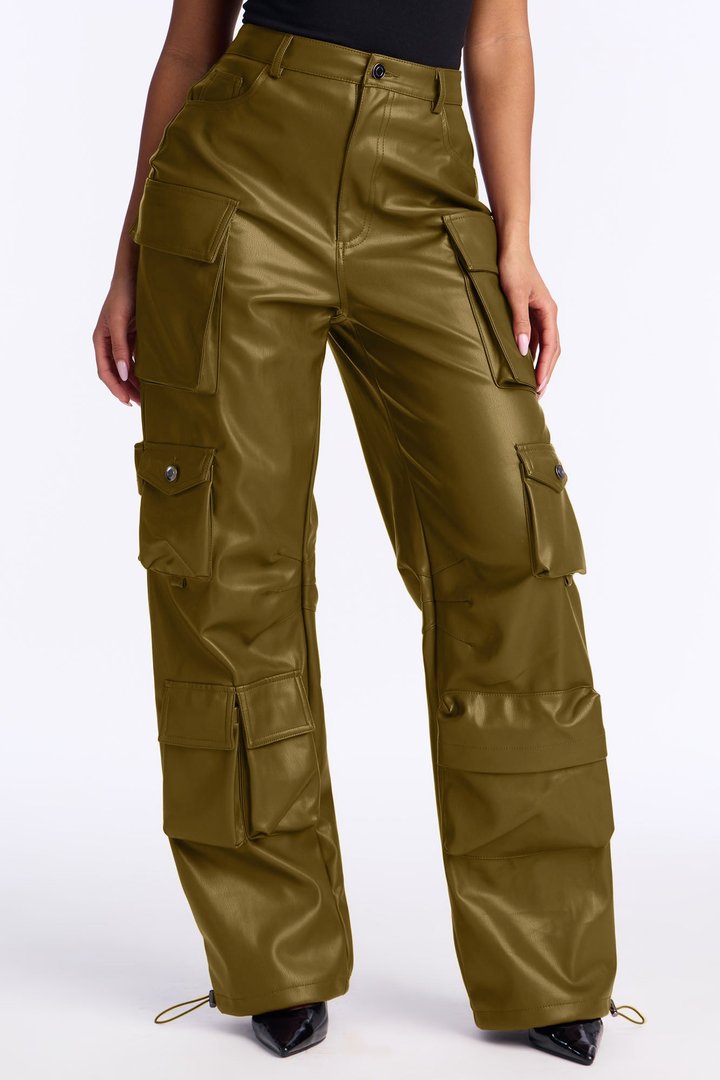 Something About You Faux Leather Cargo Pant 32 - Military Green