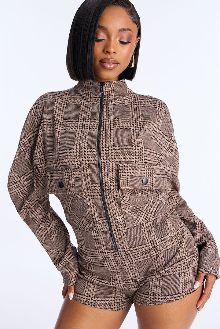 Layla Plaid Jacket Short Set - Taupe/combo
