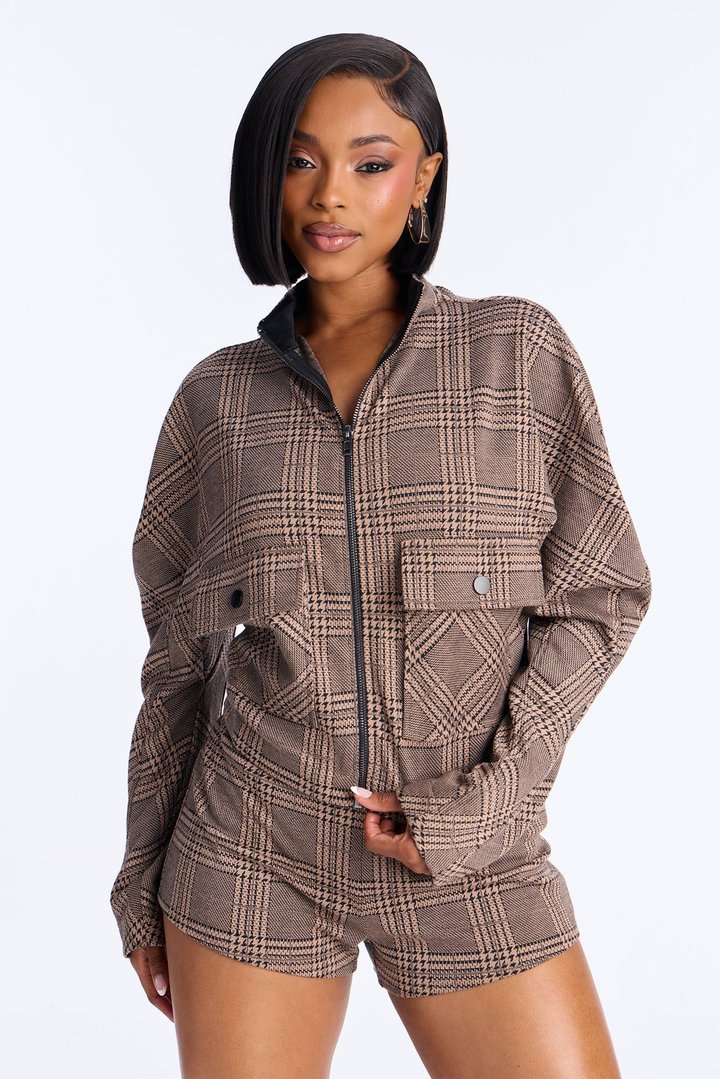 Layla Plaid Jacket Short Set - Taupe/combo