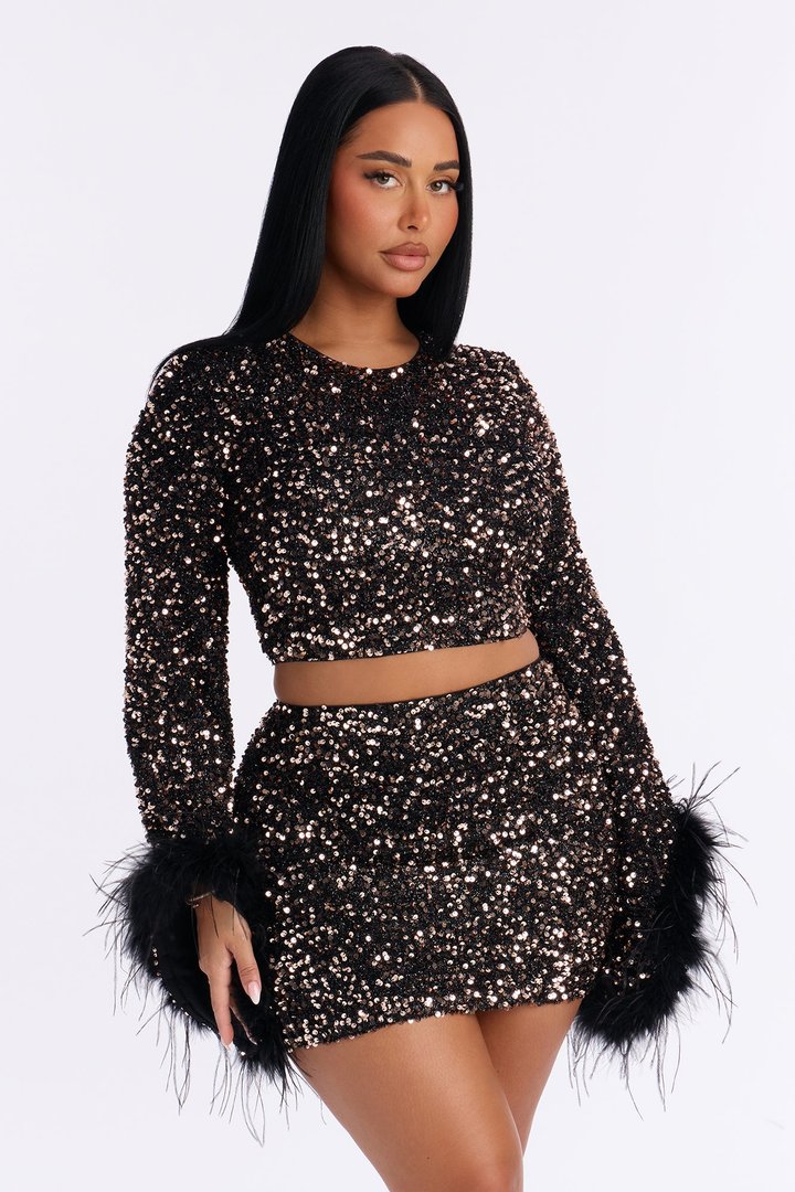 Confetti Cutie Feather Trim Sequin Skirt Set - Chocolate