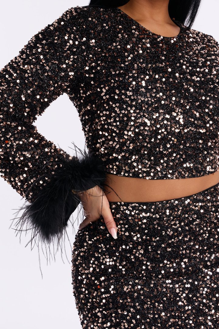 Confetti Cutie Feather Trim Sequin Skirt Set - Chocolate